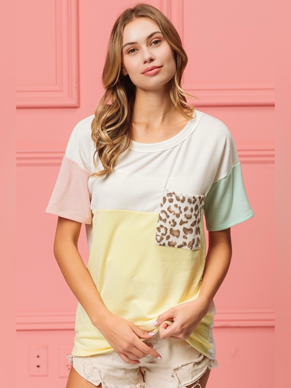 BiBi Leopard Front Pocket Ft Color Block Crew Neck Top
